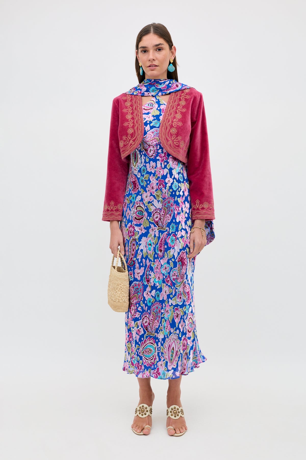 Hayley Silk-Satin Midi Dress - Cara Floral Devore Blue