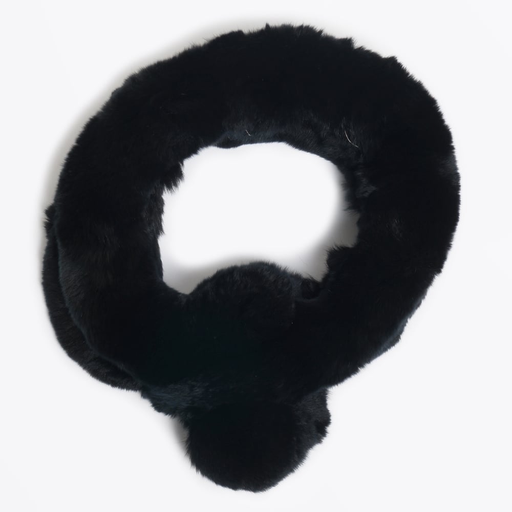 Rabbit Fur Pom Pom Scarf - Black