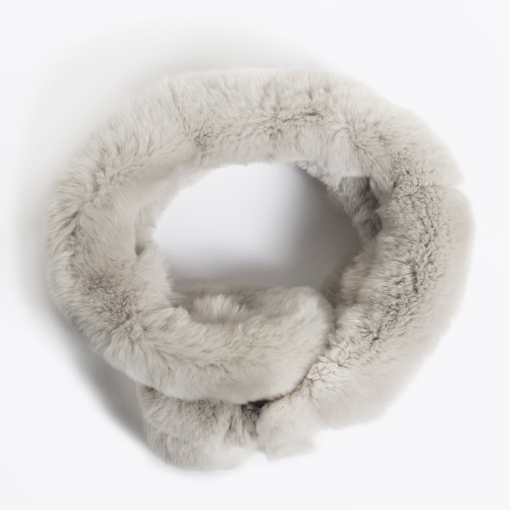 Rabbit Fur Pom Pom Scarf - Grey