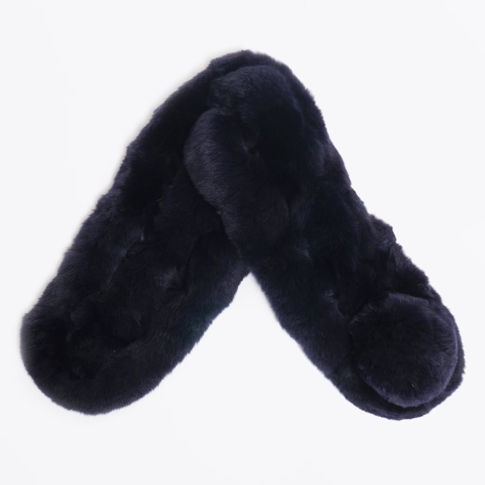 Rabbit Fur Pom Pom Scarf - Navy