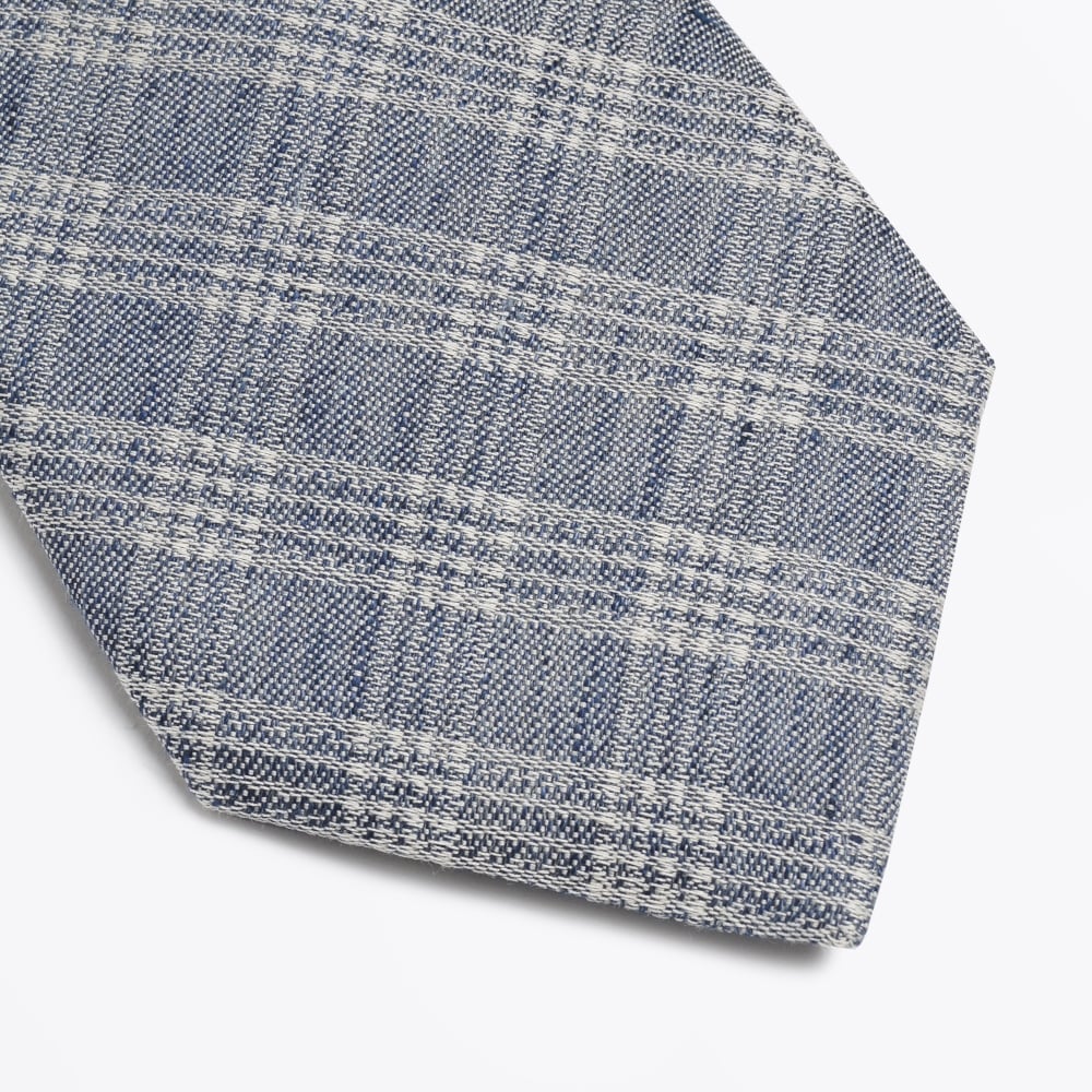 - Checked Cotton Linen Mix Woven Tie - Navy