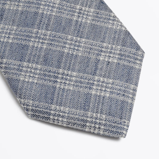 - Checked Cotton Linen Mix Woven Tie - Navy
