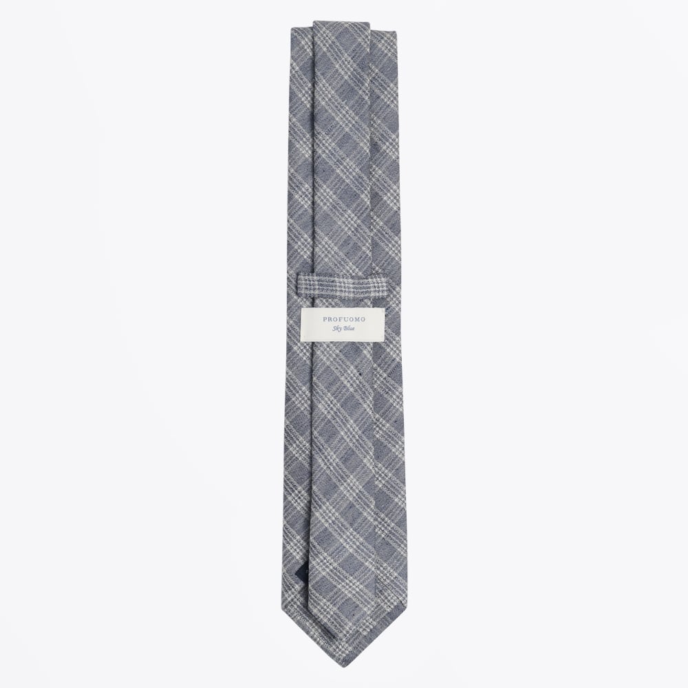 - Checked Cotton Linen Mix Woven Tie - Navy