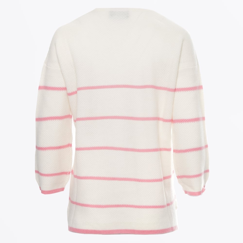 - Pique V Neck Stripe Sweater - Pink