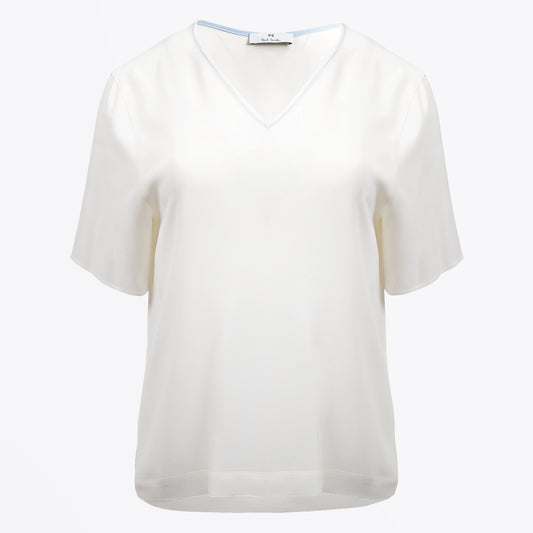 - V-Neck Silk Blend Top - Off-White