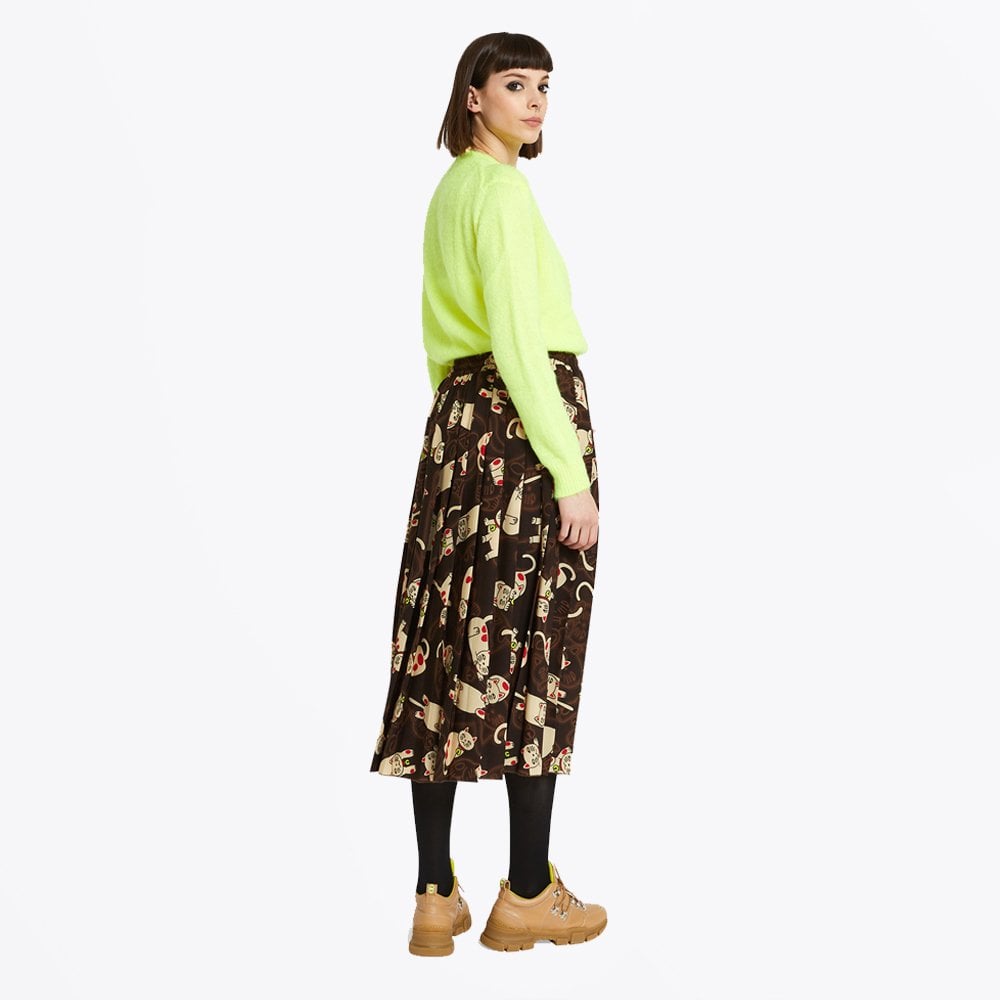 Maneki Neko Long Cat Print Skirt - Brown