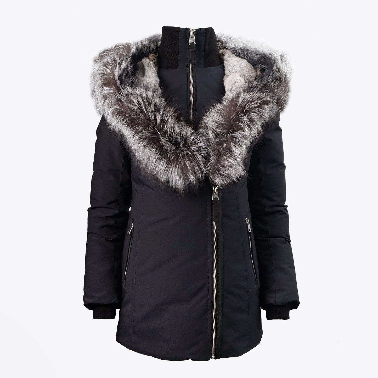 - Akiva Winter Down Coat With Silver Fox Fur Collar – Black