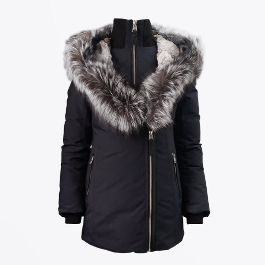 - Akiva Winter Down Coat With Silver Fox Fur Collar – Black
