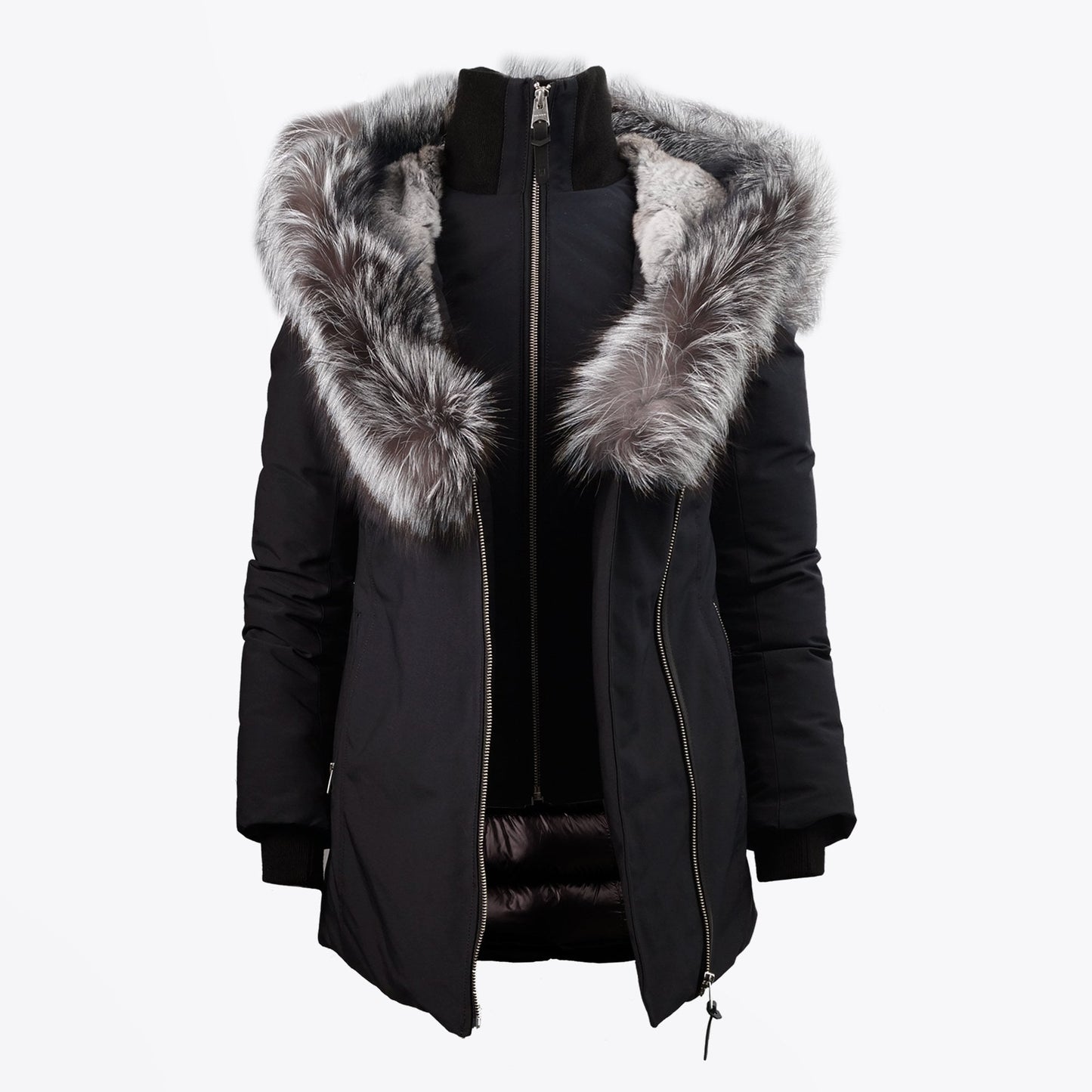 - Akiva Winter Down Coat With Silver Fox Fur Collar – Black
