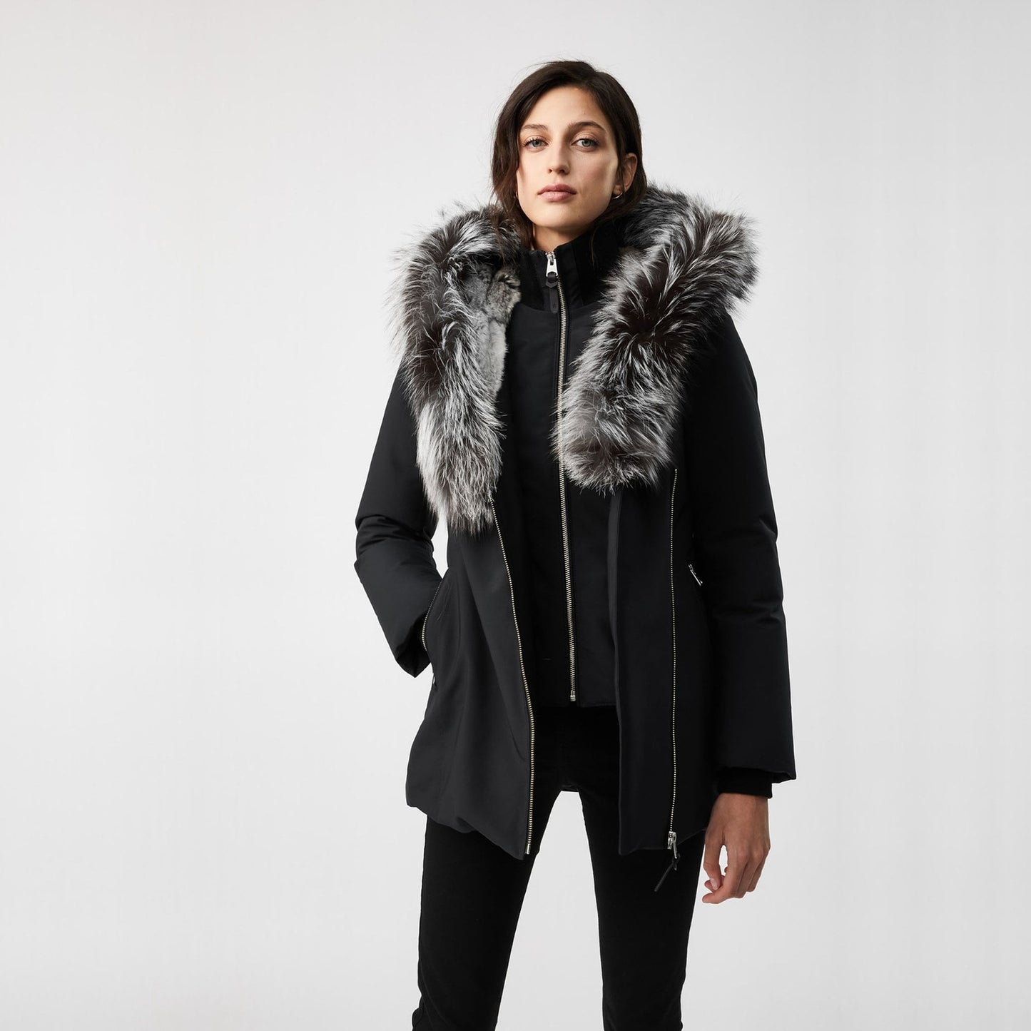 - Akiva Winter Down Coat With Silver Fox Fur Collar – Black