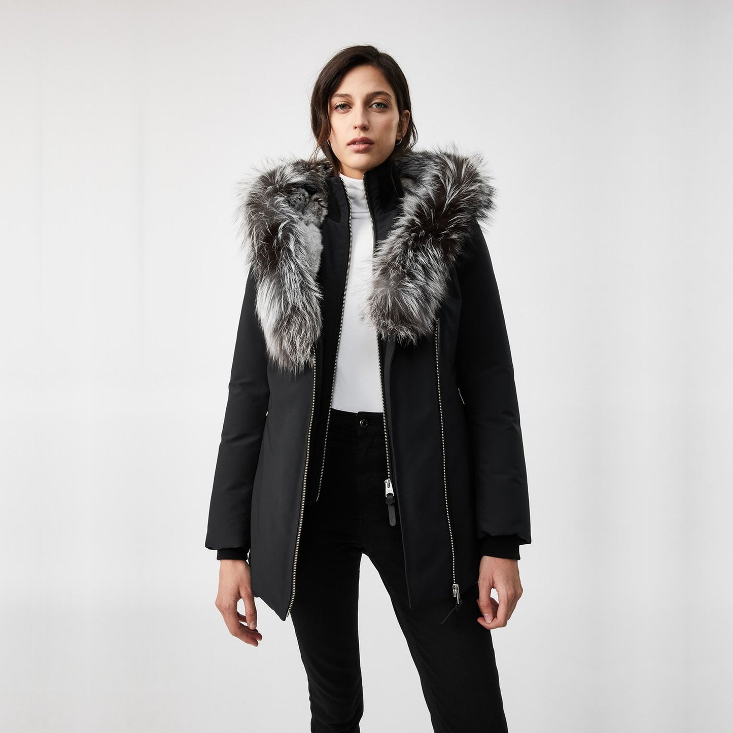 - Akiva Winter Down Coat With Silver Fox Fur Collar – Black
