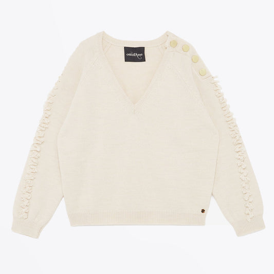 - V-Neck Gold Button Knit - Cream