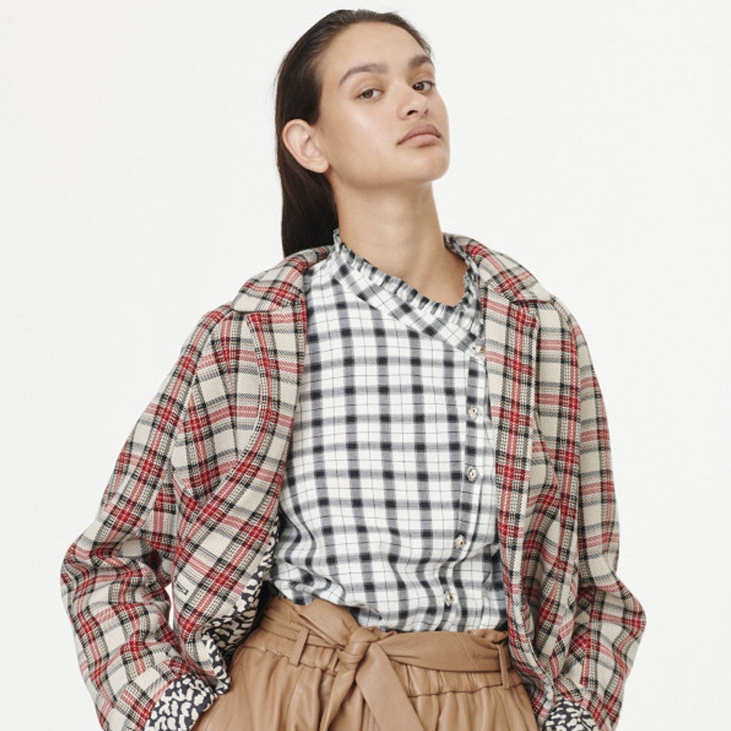 - Checked Coat - Red/Beige