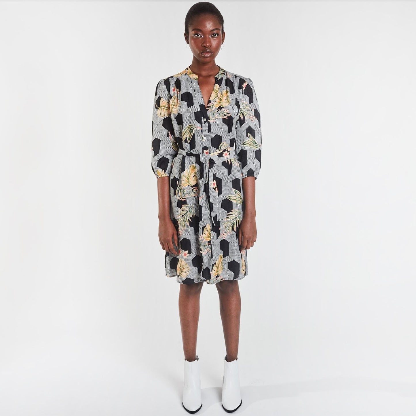 Marina Belted Printed Dress - Black/Multi