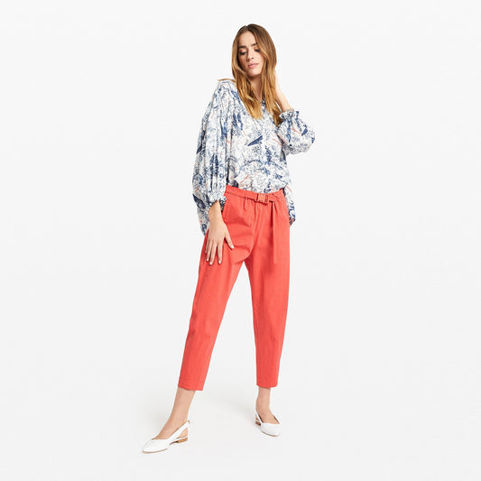 - Cotton Cropped Trousers - Orange/Red
