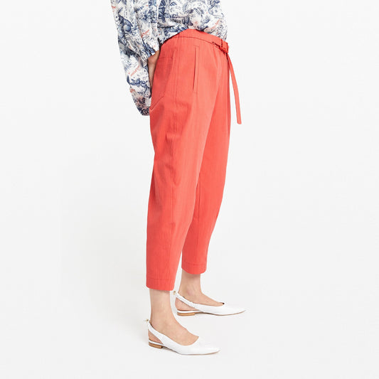 - Cotton Cropped Trousers - Orange/Red