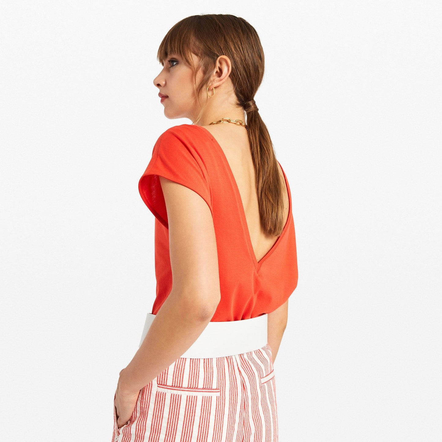 - Cotton Back V-Neck Top - Orange