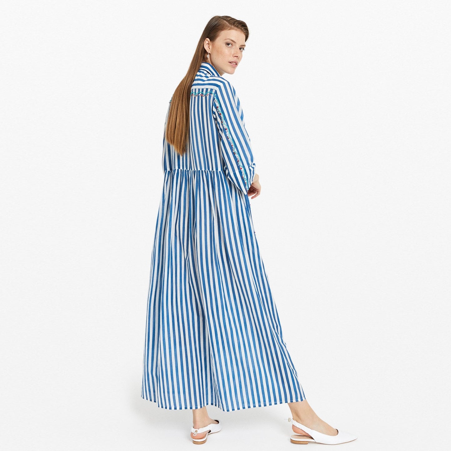 - Striped Cotton Long Chemisier Dress With Appliques