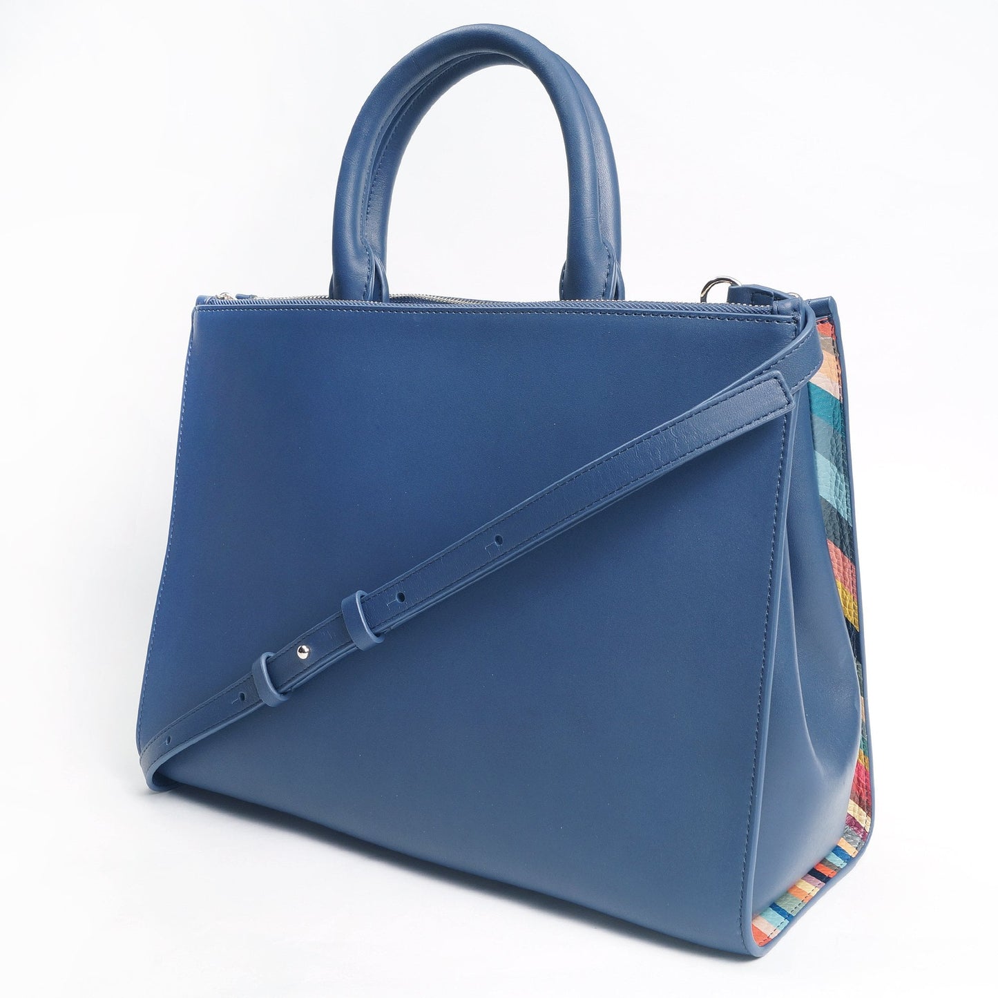 - Leather Double Zip Tote Bag With 'Swirl' Trim - Blue