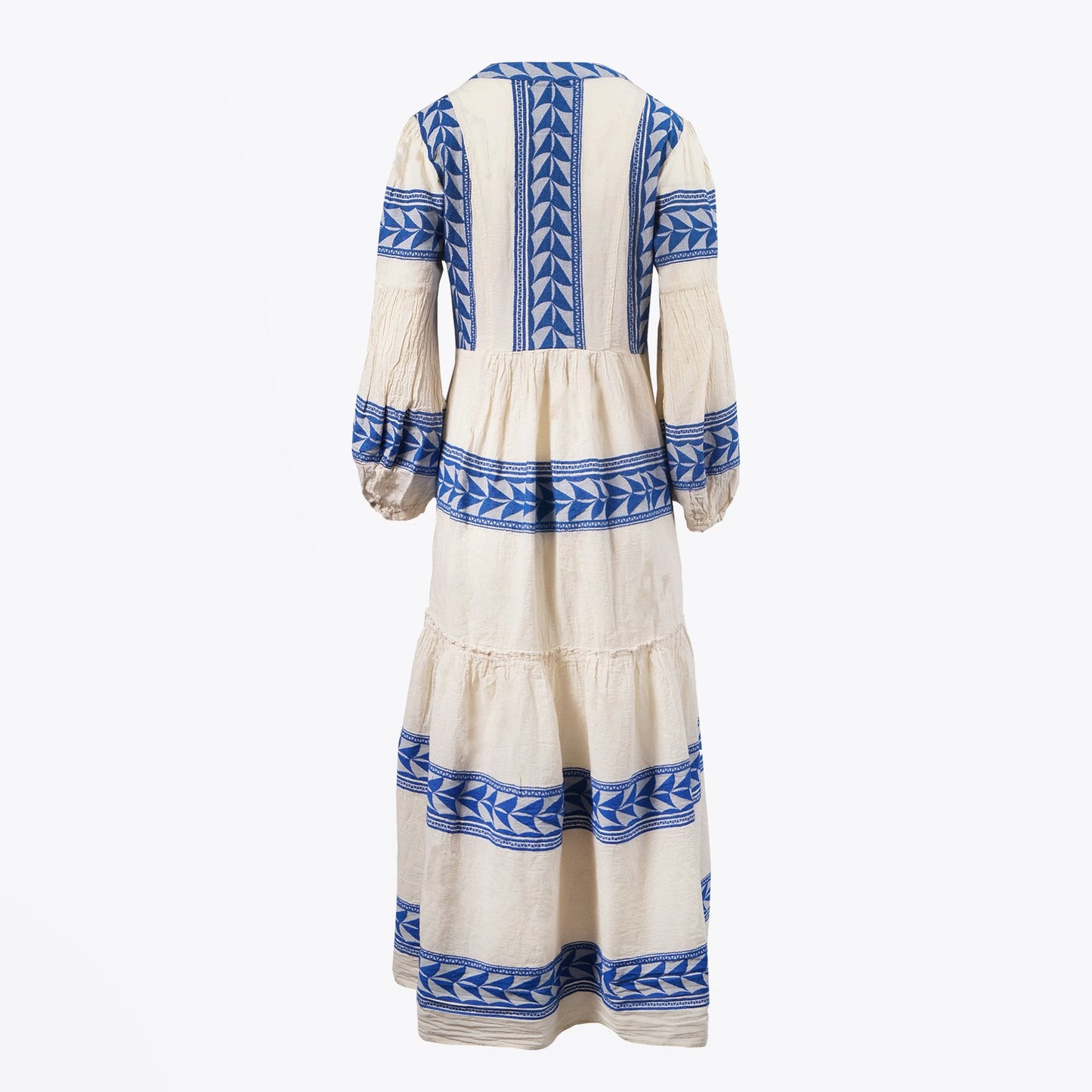 - Embroidered Aztec Maxi Dress - Blue/Cream