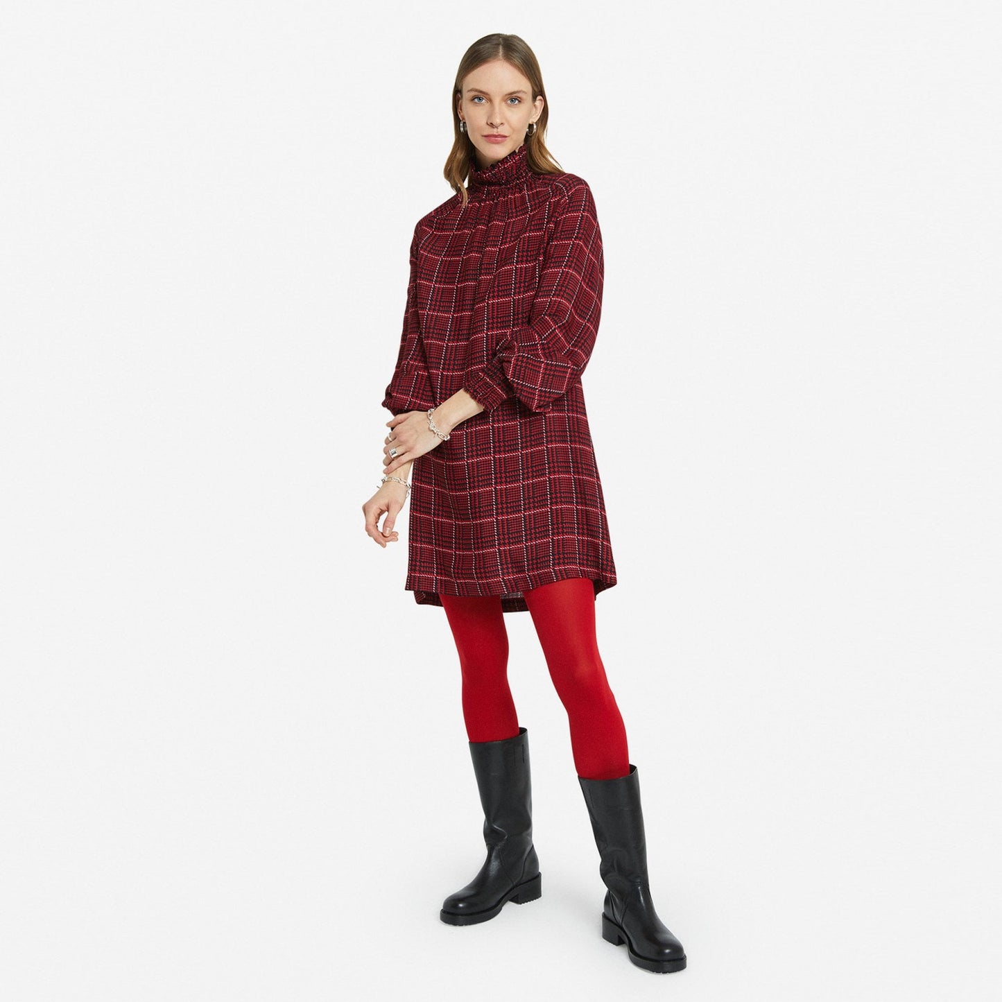 - Tartan Turtleneck Dress - Red