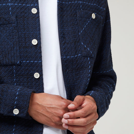 - Windowpane Twill Overshirt - Navy Blue