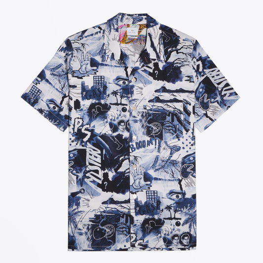 - 'Pulp' Print Organic-Cotton Short-Sleeve Shirt - Blue