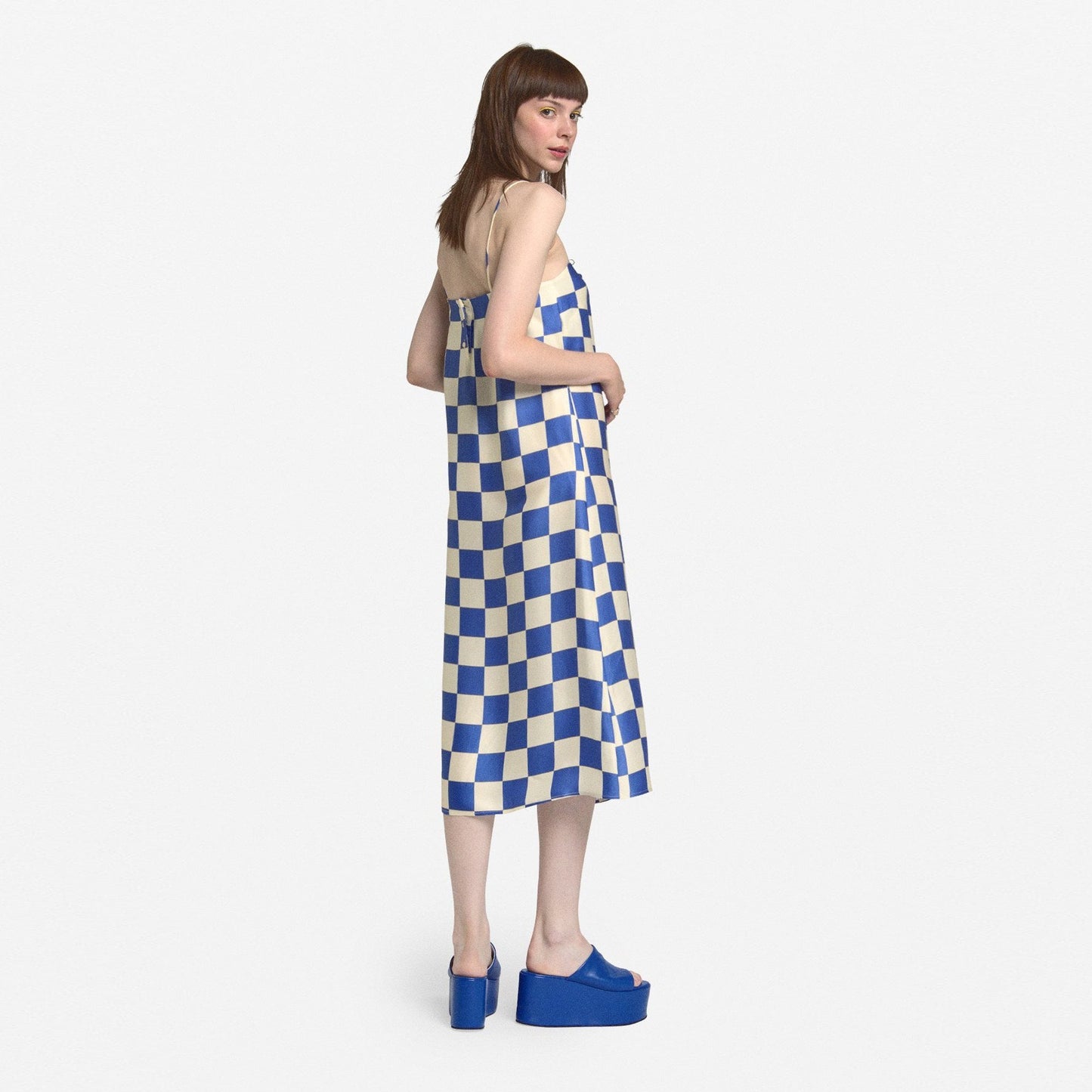 - Checked Silk Midi Dress - Blue