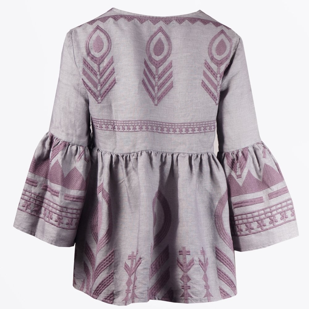 Linen Feather Embroidered Top - Grey