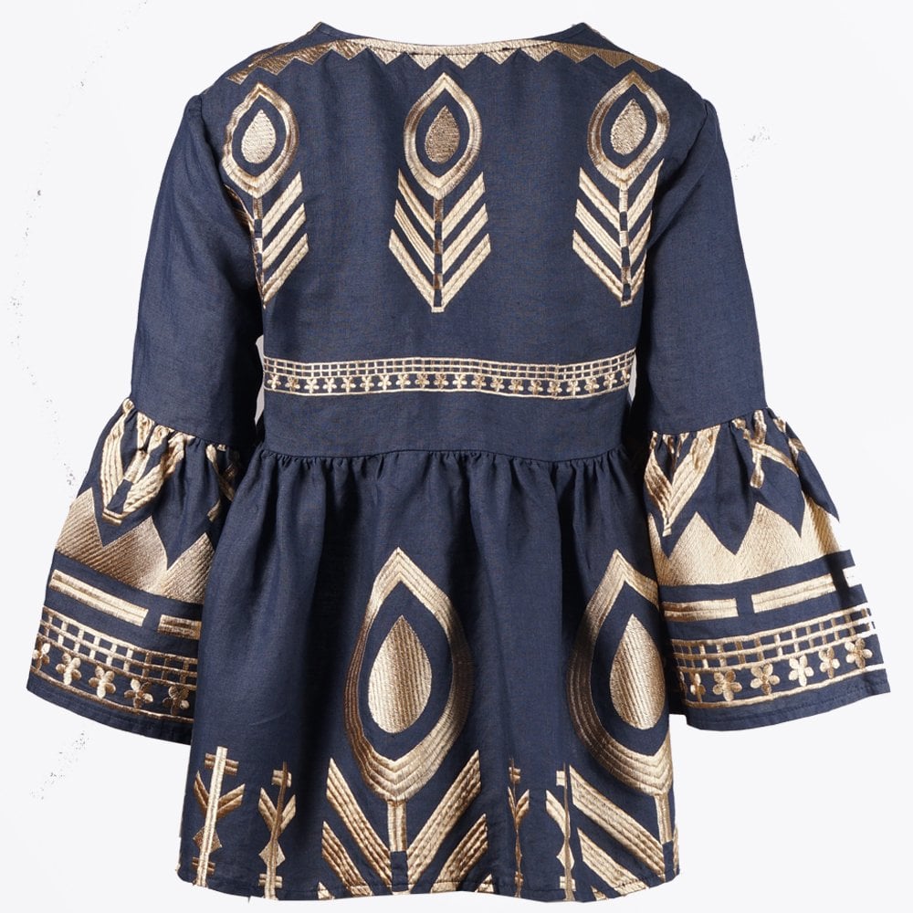 Linen Feather Embroidered Top - Navy