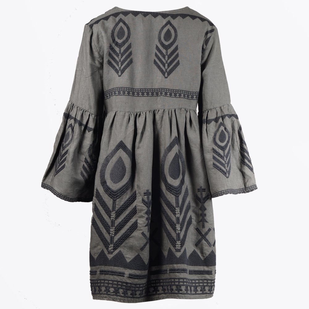 Linen Feather Embroidered Dress - Khaki