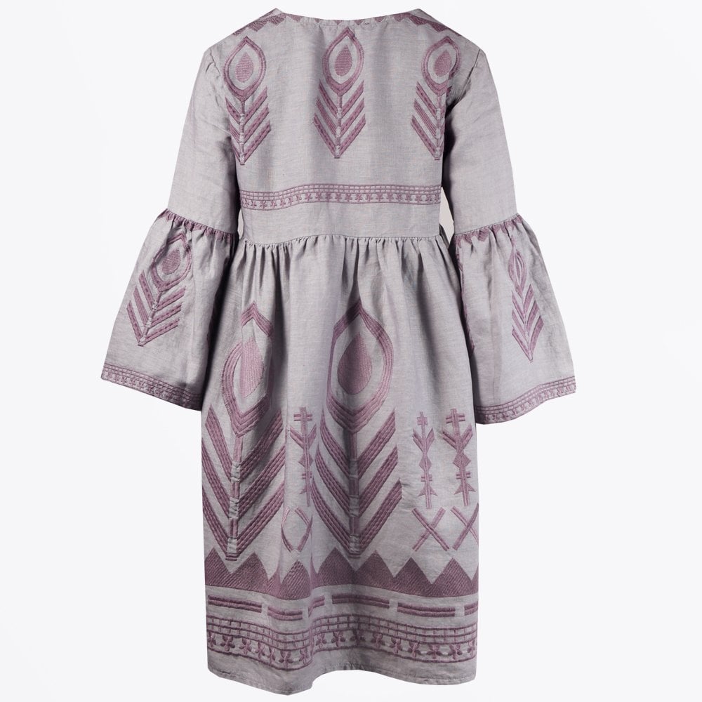 Linen Feather Embroidered Dress - Grey