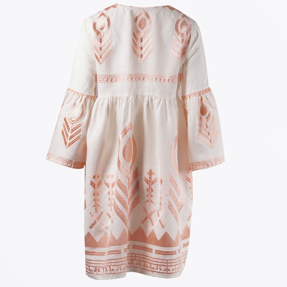 Linen Feather Embroidered Dress - White