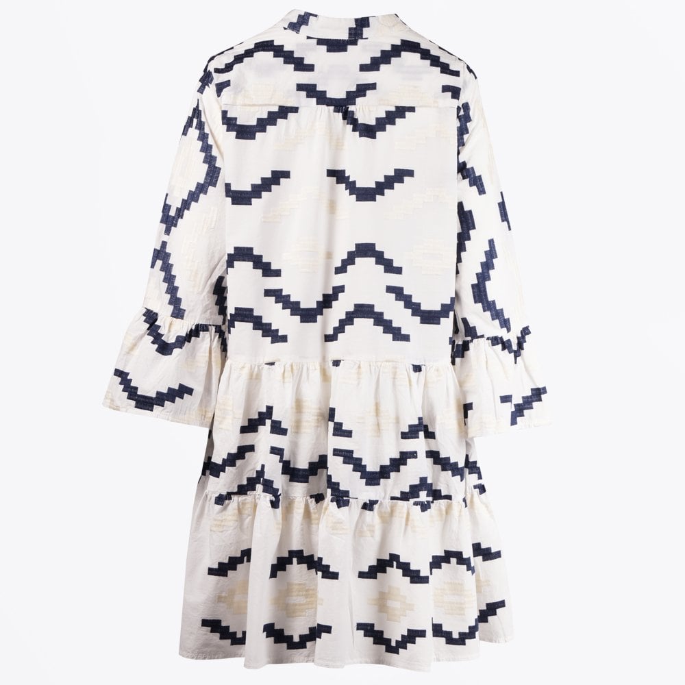 Aztec Embroidered Dress - White/Navy-Gold