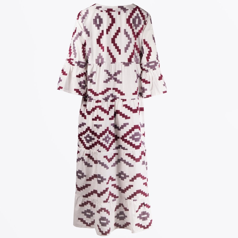 Aztec Embroidered Midi Dress - White/Bordeaux-Aubergine