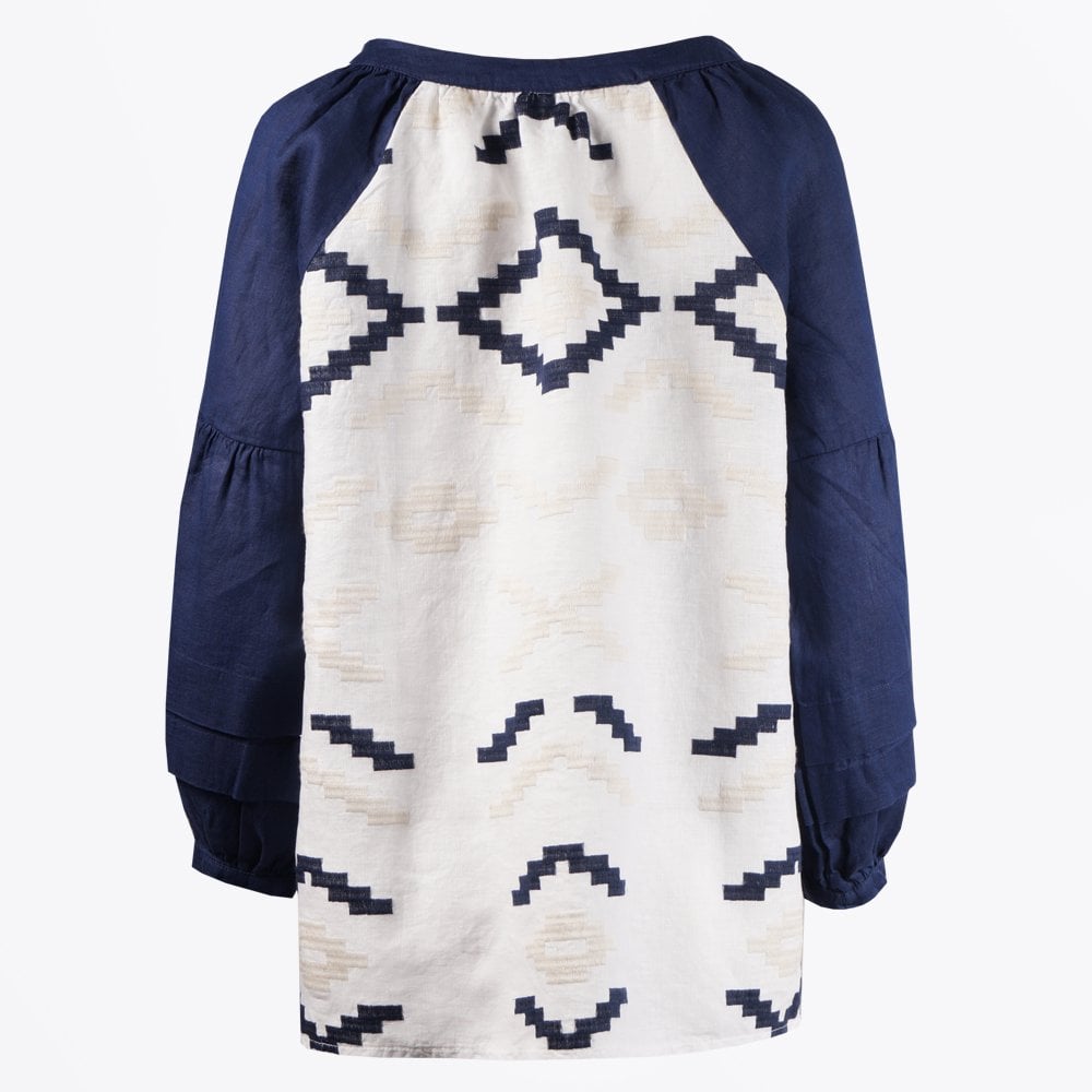 Aztec Embroidered Bell Sleeve Tie Front Top - White-Blue