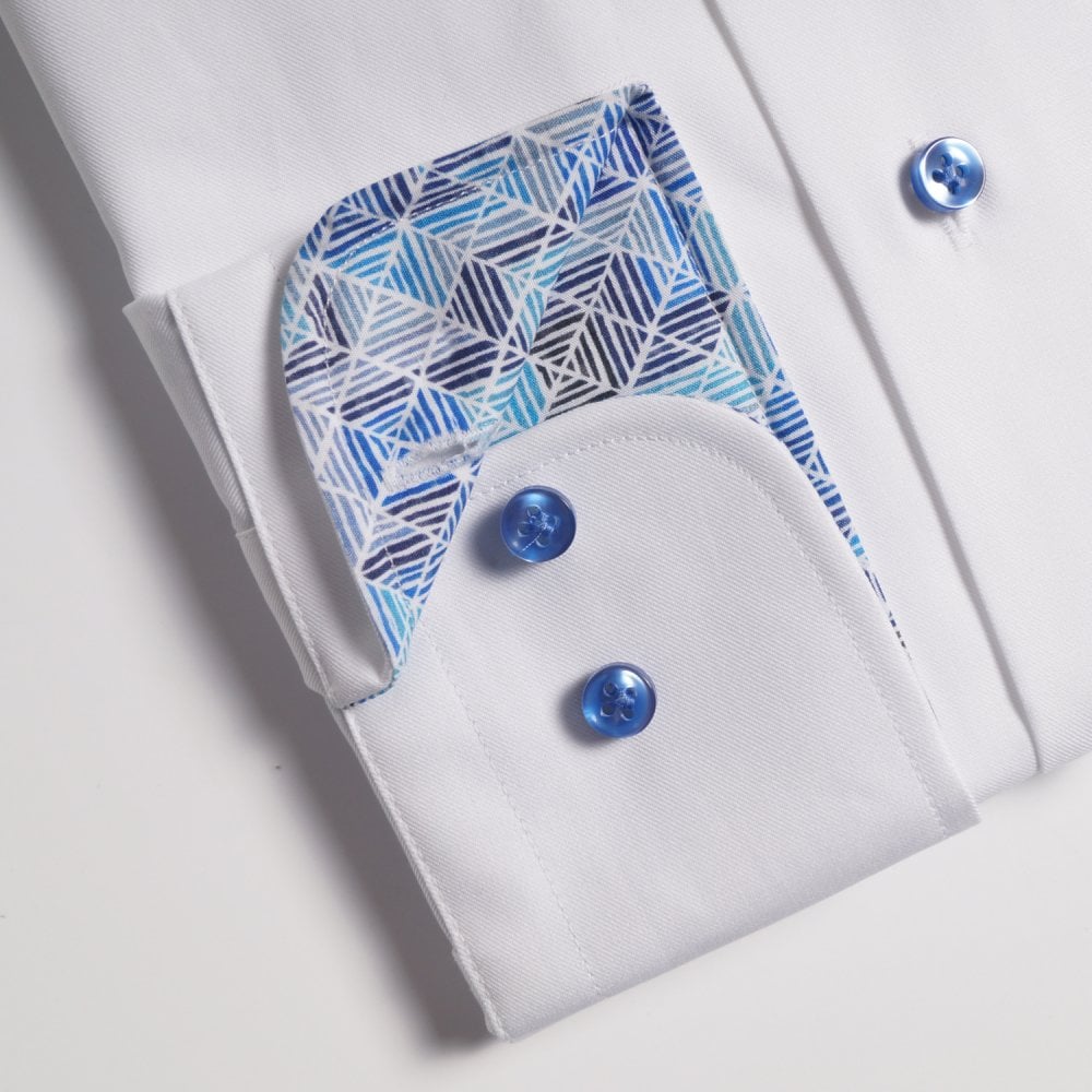 - Blue Geometric Trim Insert Shirt - White