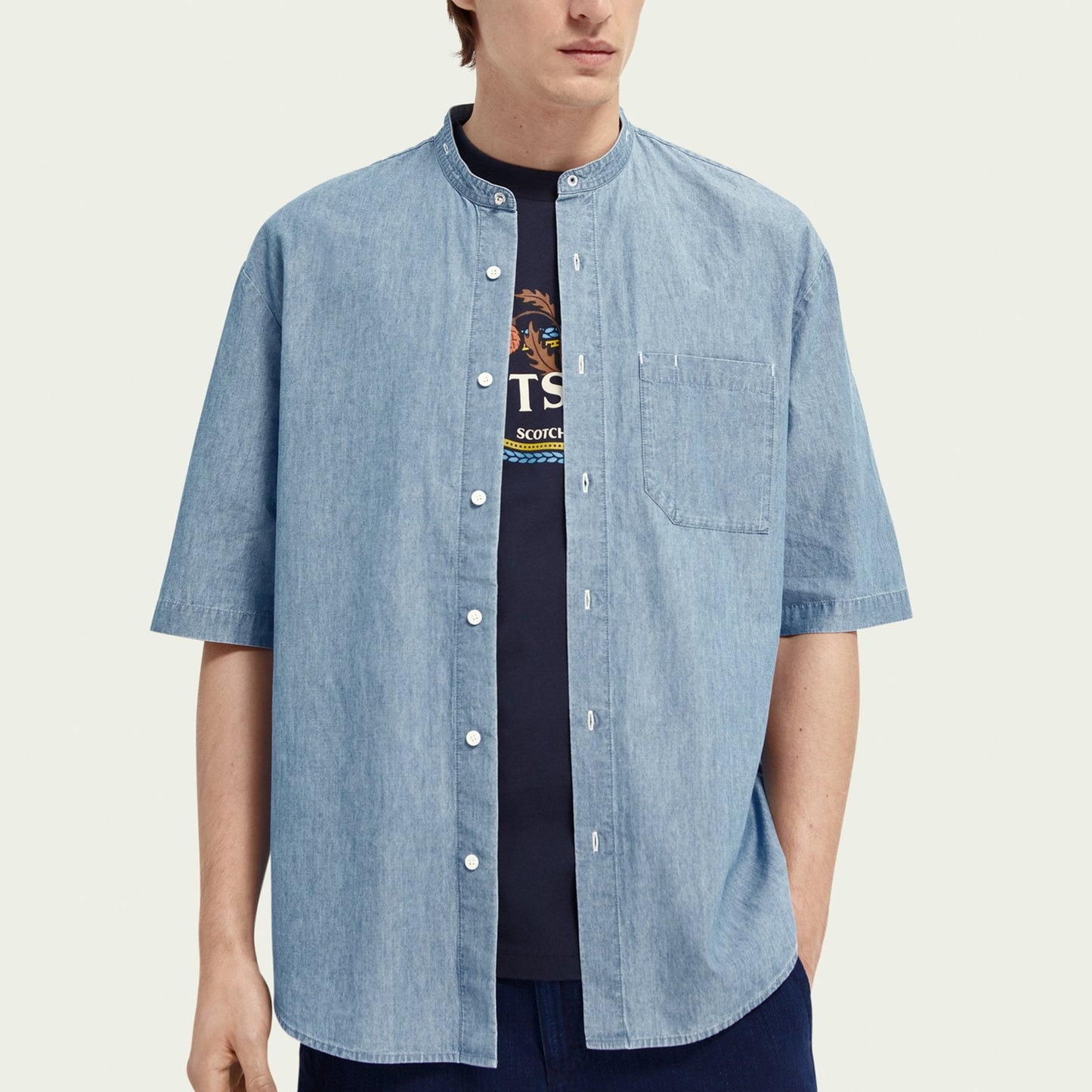 - Convertible Collar Short-Sleeve Shirt - Blue