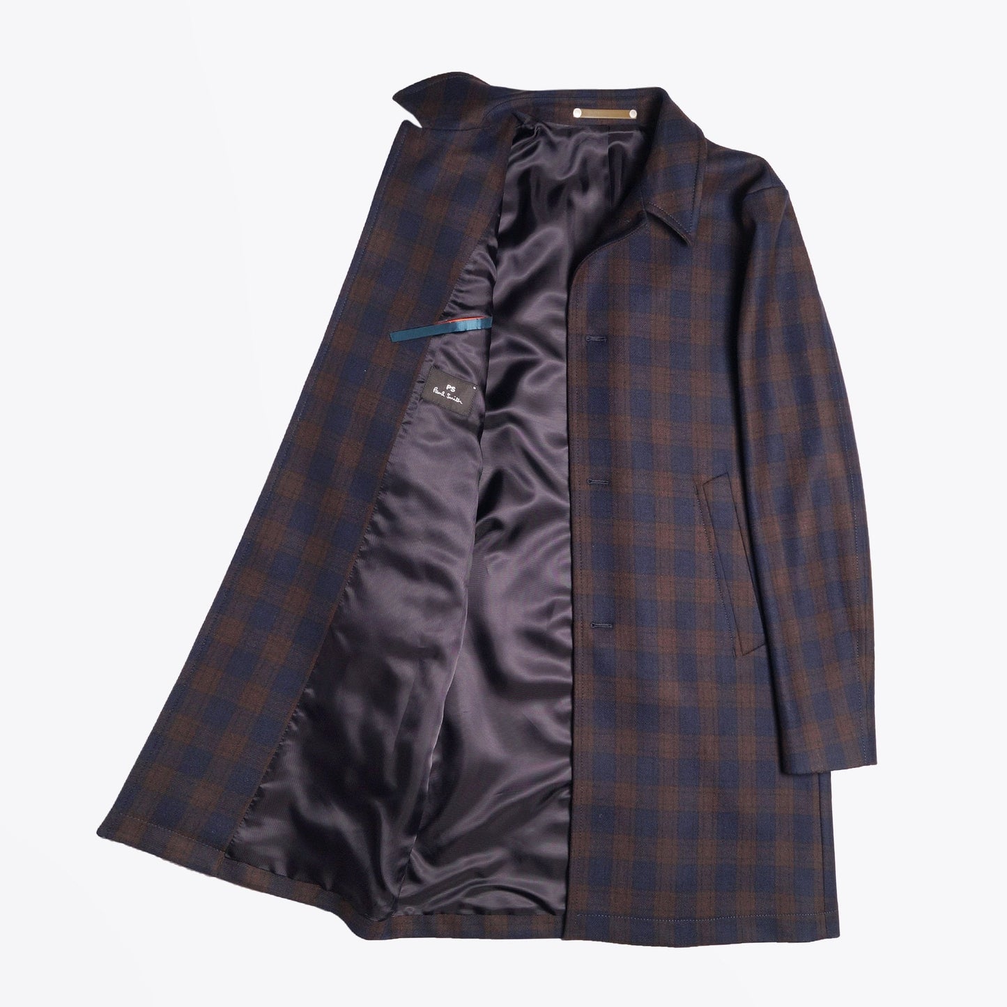 - Wool Checked Mac Coat - Navy/Brown