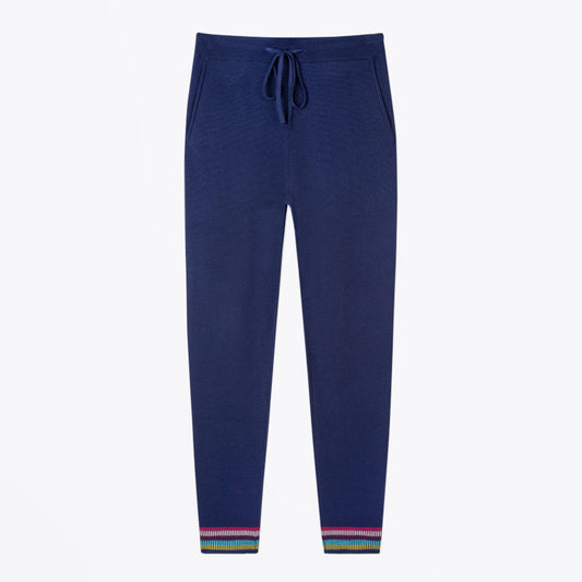 - Knitted Sweatpants With Striped Cuffs - Navy