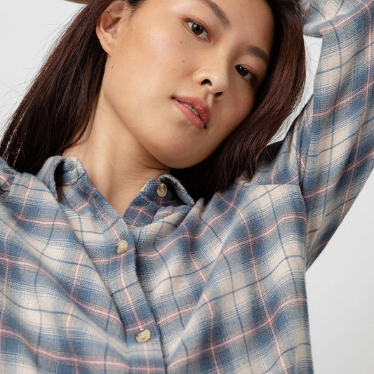 - Angelica - Flannel Plaid Shirt - Blue/Pink