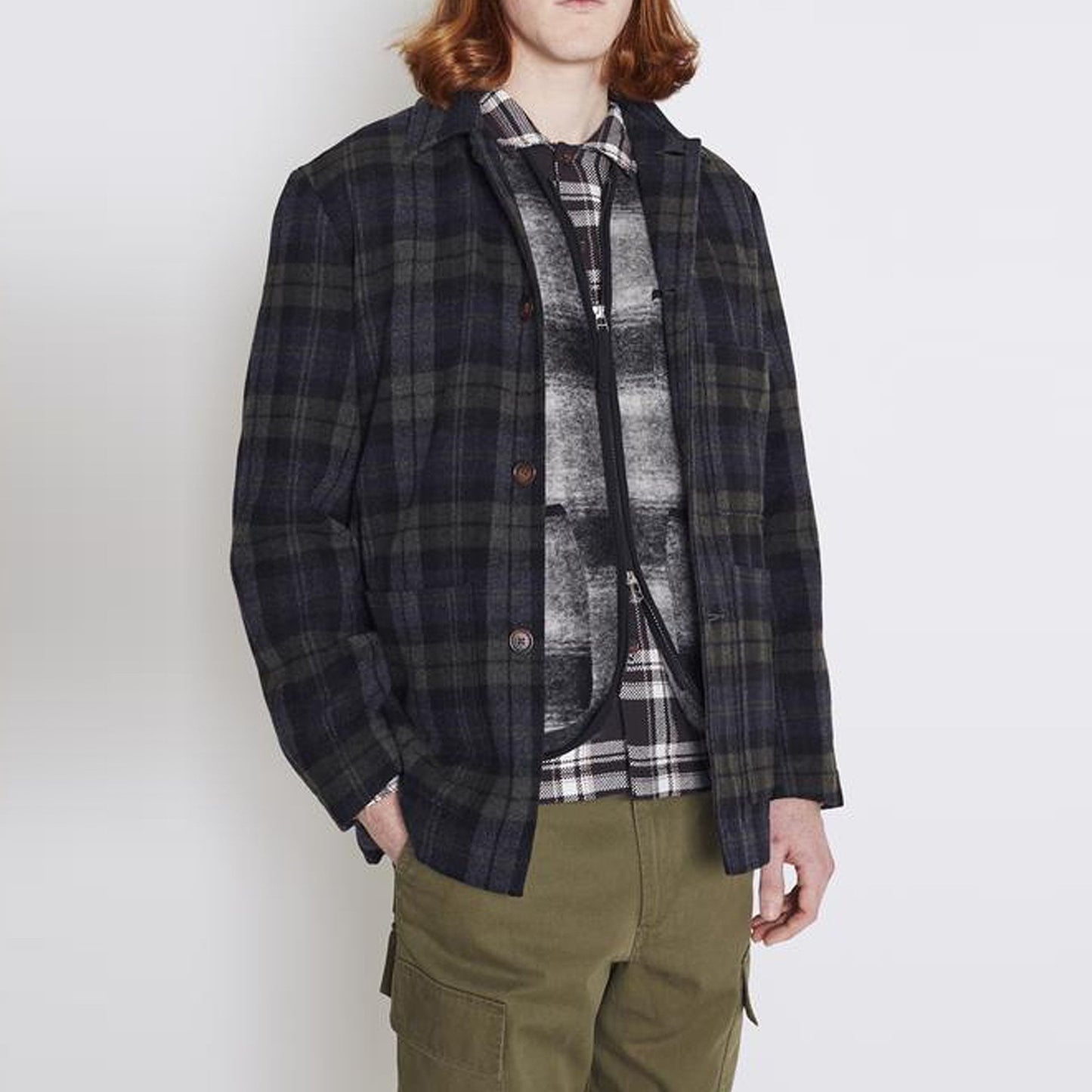 - Wool Check Simple Bakers Jacket - Grey/Green
