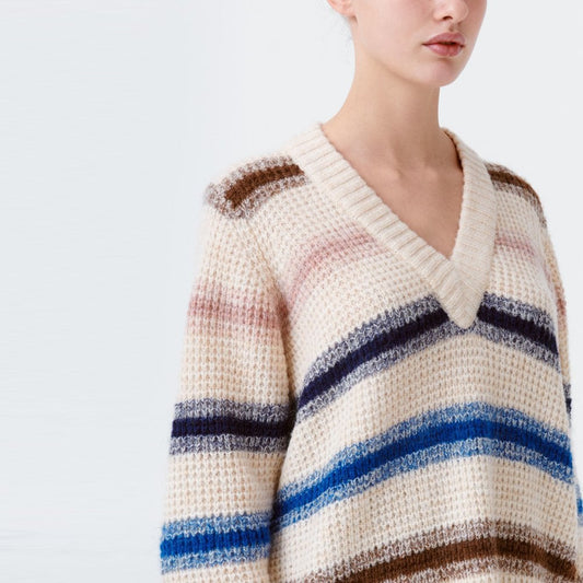 - Rana - Multi-Stripe Knit Sweater - Cream/Multi