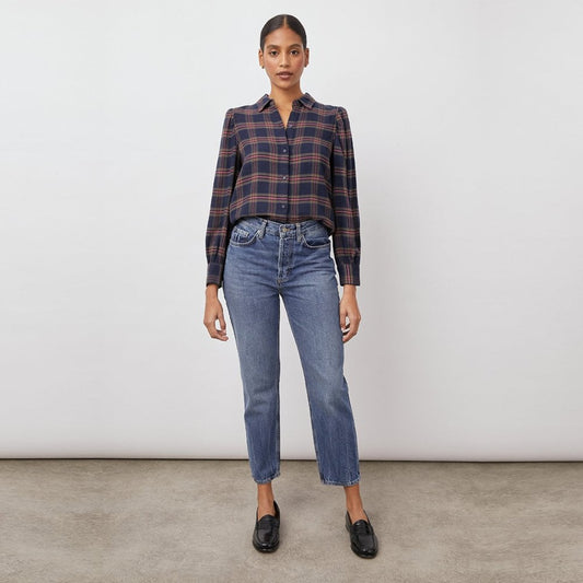 - Angelica - Flannel Plaid Shirt - Navy/Pink