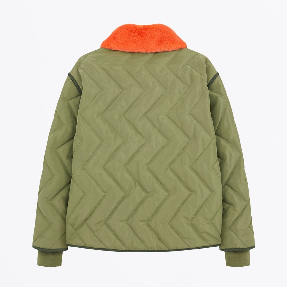 - Quilted Coat With Detachable Collar - Green
