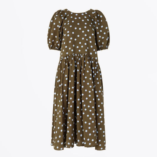 - Amelia - Polka Dot Midi Dress - Khaki