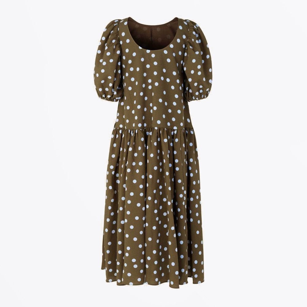 - Amelia - Polka Dot Midi Dress - Khaki