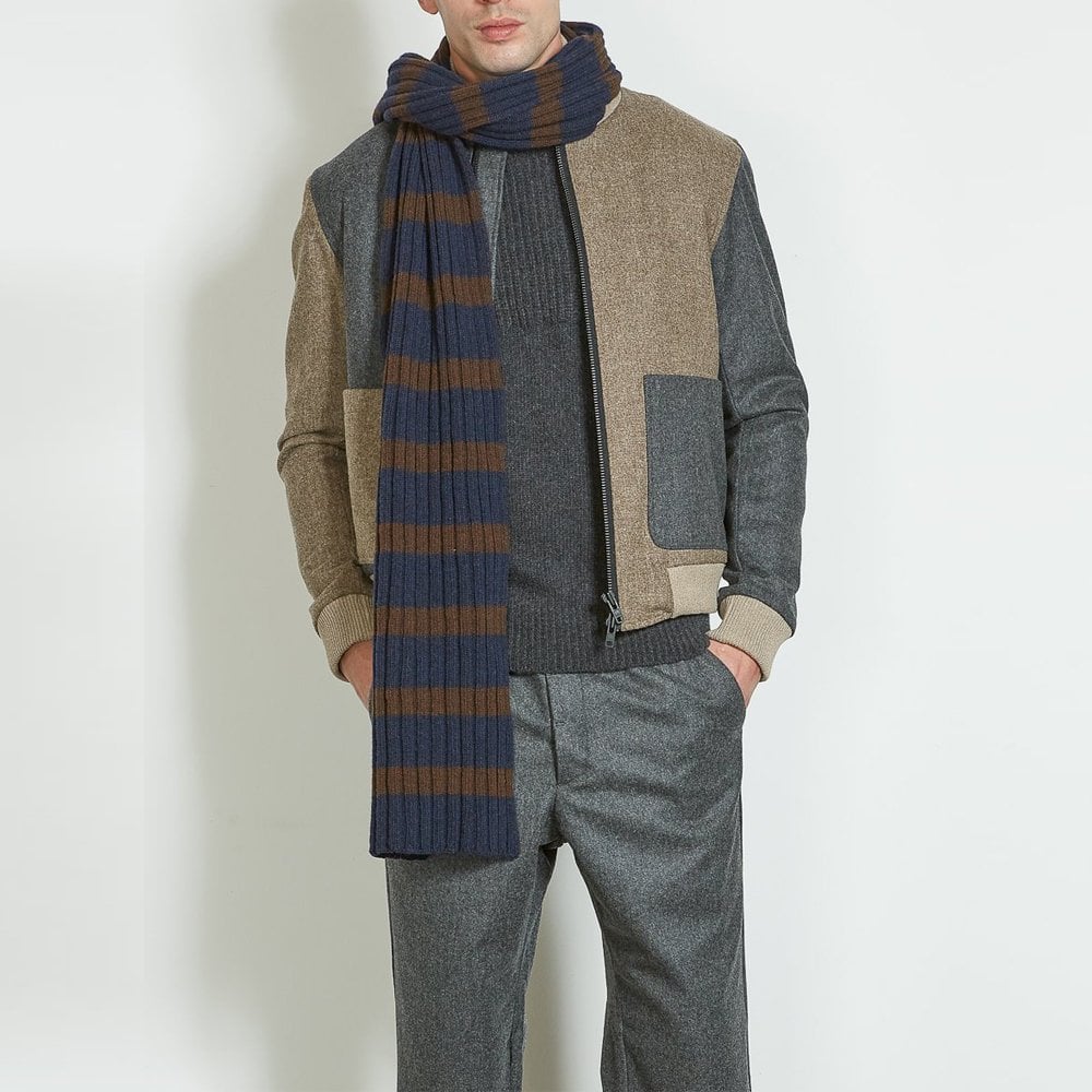 - Soane - Stripe Knit Scarf - Navy/Chocolate