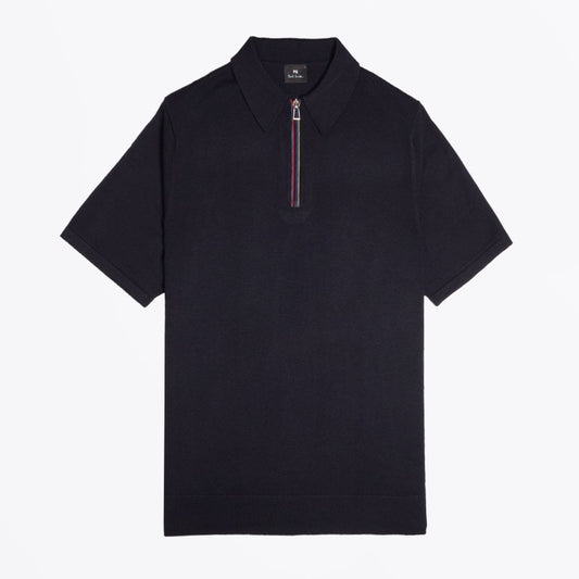 - Zip-Neck Short-Sleeve Polo Shirt - Navy