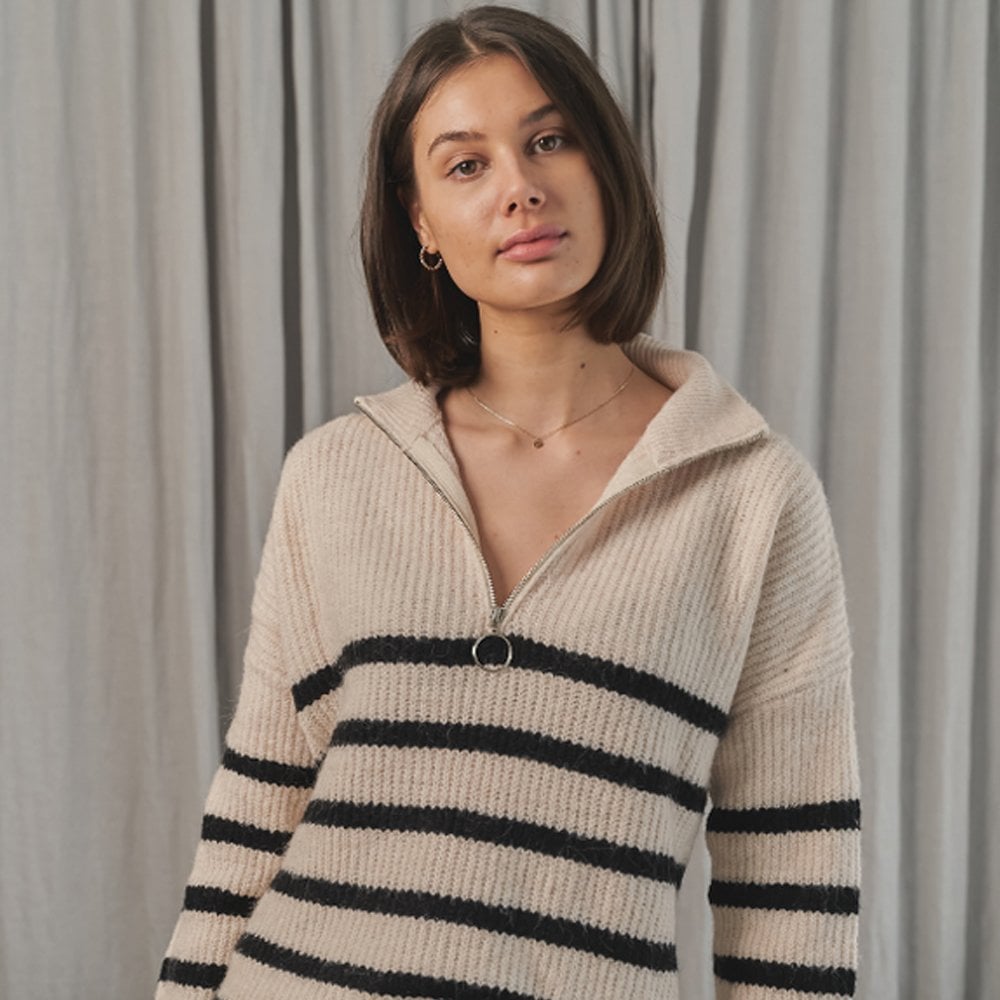 - Alyson - Stripe Zip Sweater - Off-White